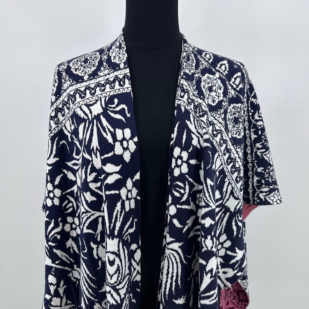 Chicos Silk Cotton Ruana Wrap OS Navy Red Floral Boho Poncho Cape Jacquard - Picture 4 of 11